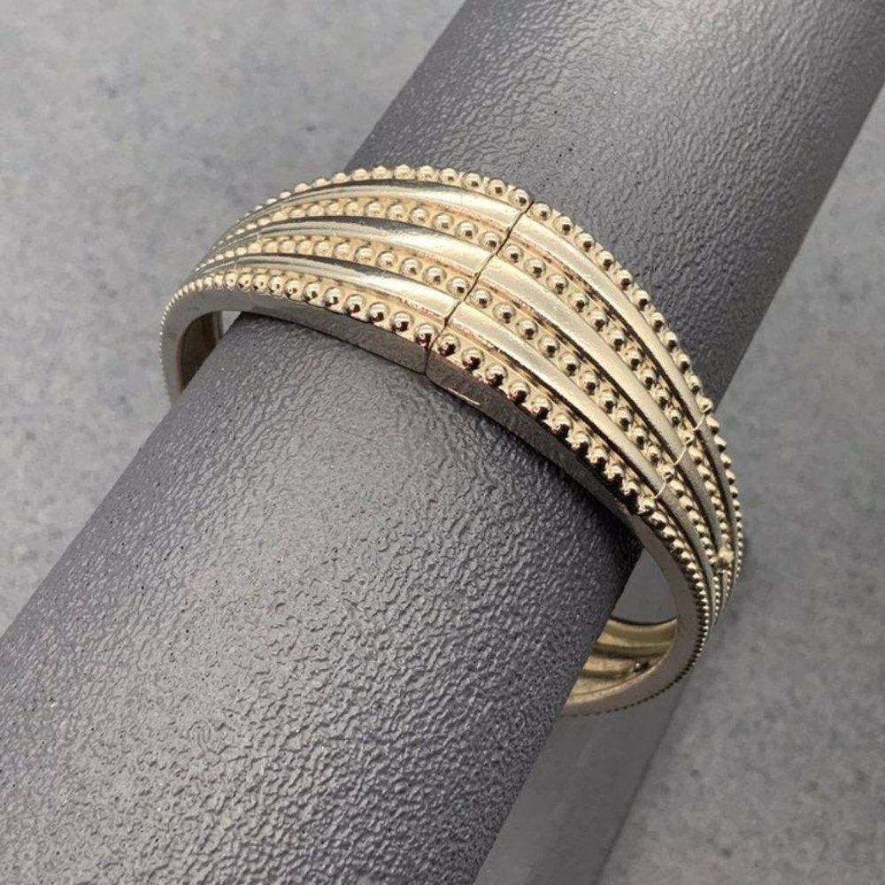 Hinged Bangle Bracelet Wavy Dotted Ribbed Silver Retro Glam